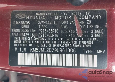 2009 Hyundai Tucson Gls из США, поврежденный, VIN KM8JM12B79U961306